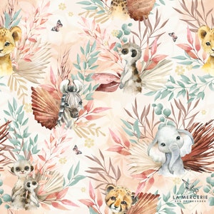Fabric by the meter Tropic Terracotta Oeko-Tex 132g savannah animals: Zebra, Elephant, Meerkat. Cotton, Jersey, French Terry, Waterproof