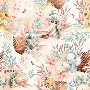 Tessuto al metro Tropic Terracotta Oeko-Tex 132g Animali della savana: zebra, elefante, suricato. Cotone, Jersey, French Terry, Impermeabile