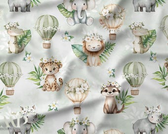 Tropical Dream Animal Fabric, Tissu Rêve Tropical, Safari Nursery Fabric, Jungle Baby Fabric, Aquarelle Douce, Oeko Tex Cotton, Kids Fabric
