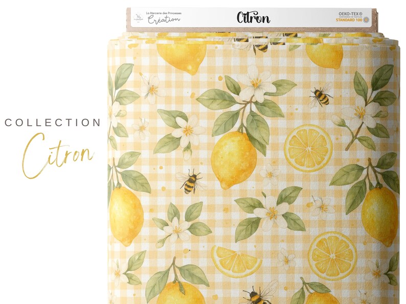 May include: A yellow and white gingham fabric with a lemon and bee pattern. The fabric has a white background with yellow squares and a pattern of lemons, bees, and white flowers. The fabric is labeled "Citron" and "Oeko-Tex Standard 100".