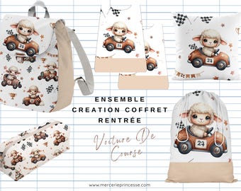 Sheep Racing Car Back-to-School Set: backpack, pouches, cushions, bibs, pencil case - Oeko-Tex® cotton
