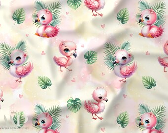 Flamingo Tropical Fabric, Tissu Flamant Tropical, Flamingo Nursery Fabric, Aquarelle Nature Douce, Oeko Tex Cotton, Kids Fabric, Baby Sewing