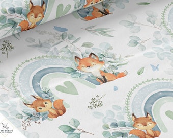 Tissu Coton Renard Eucalyptus de la Mercerie des Princesses- Idéal pour une Création mixte Enfant et Bébé thème Renard vert d'eau eucalyptus