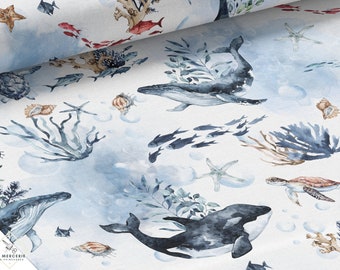 Tissu Marine Bleu 100% coton premium Oeko-Tex 132g animaux marins: Baleines, tortues et Orques