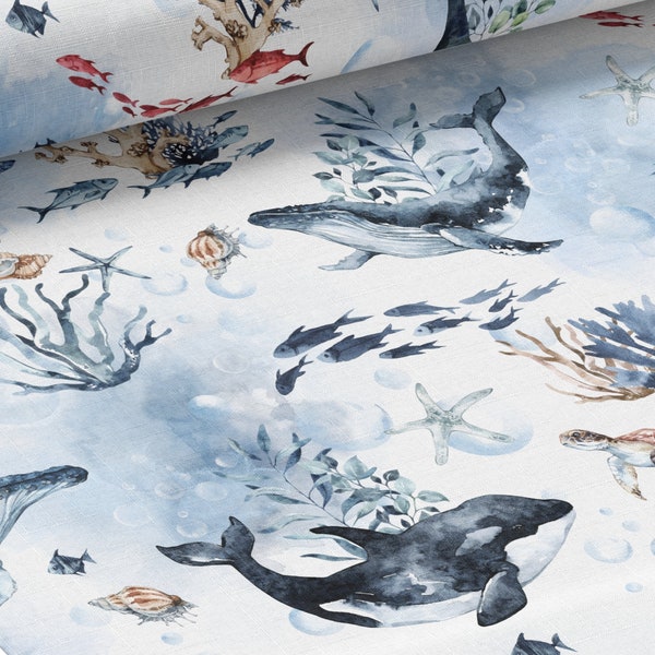 Tissu Marine Bleu 100% coton premium Oeko-Tex 132g animaux marins: Baleines, tortues et Orques