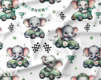 Race Car Elephant Fabric, Tissu Éléphant Voiture, Elephant Nursery Fabric, Vintage Watercolor, Oeko Tex Cotton, Kids Fabric, Baby Sewing