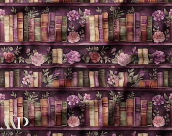 Books Floral Plum Fabric, Books & Flowers Plum Fabric, Library Fabric, Watercolor Book Fabric, Oeko Tex Cotton, Sewing Fabric, Home Decor