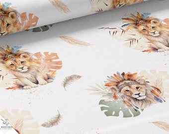 Tissu Coton Lion Boho de la Mercerie des Princesses- Idéal pour une Création mixte Enfant et Bébé thème Lion bohème plume monstéra