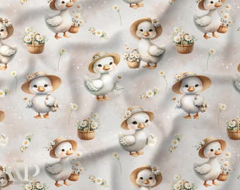 Tissu Oies & Marguerites Aquarelle – Motif bébé doux pour couture enfant nature