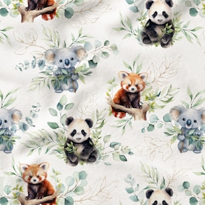 Tessuto al metro Panda e Koala Eucalipto di Mercerie des Princesses - Ideale per creazioni per bambini Cotone, Jersey, French Terry, Impermeabile