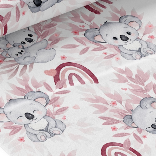 Tissu Coton Koala Rose de la Mercerie des Princesses- Idéal pour une Création mixte Enfant et Bébé thème Koala Rose et arc en ciel