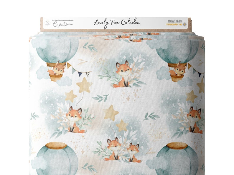 Fabric by the meter Lovely Fox Celadon Certified Oeko-Tex Children's creation La Mercerie des Princesses Cotton, Jersey, French Terry, Waterproof image 3