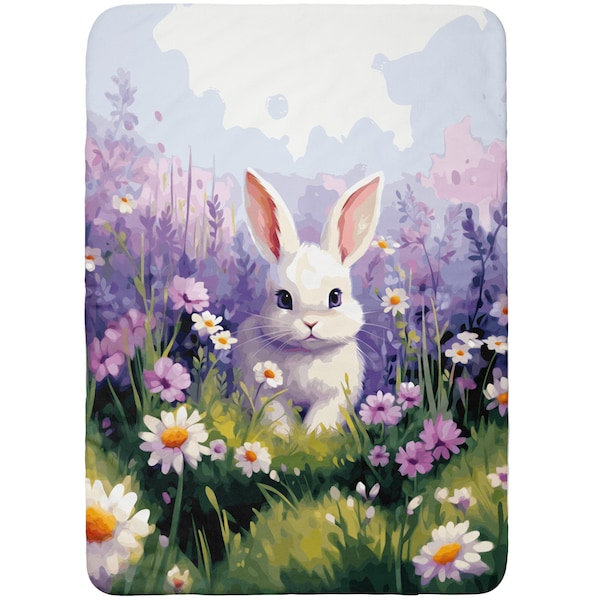 Coupon de Tissu coton Lapin et fleurs parme pour couverture 75x100cm Oeko-Tex - Idéal pour réaliser une Couverture mixte bébé ou Enfant!