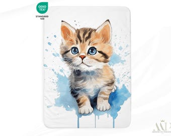 Cotton fabric coupon with cat design on a blue background, Oeko-Tex certified - Ideal for making a baby or child's blanket!