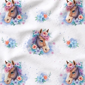 Tessuto al metro certificato Oeko-Tex Flowery Horse - fantasie carine e colorate - cotone, jersey, french terry, impermeabile