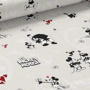 Tkanina bawełniana Steamboat Willie od Mercerie des Princesses Idealna do mieszanych kreacji dla dzieci i niemowląt, klasyczny motyw kreskówek w stylu vintage
