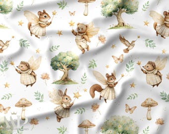 Fairy Forest Fabric, Woodland Animals Fabric, Magical Nursery Fabric, Watercolor Fantasy Fabric, Oeko Tex Cotton, Sewing Fabric, Cottagecore