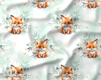 Baby Fox Fabric, Tissu Renard Bébé, Fox Nursery Fabric, Aquarelle Vert d’Eau, Oeko Tex Cotton, Woodland Baby Fabric