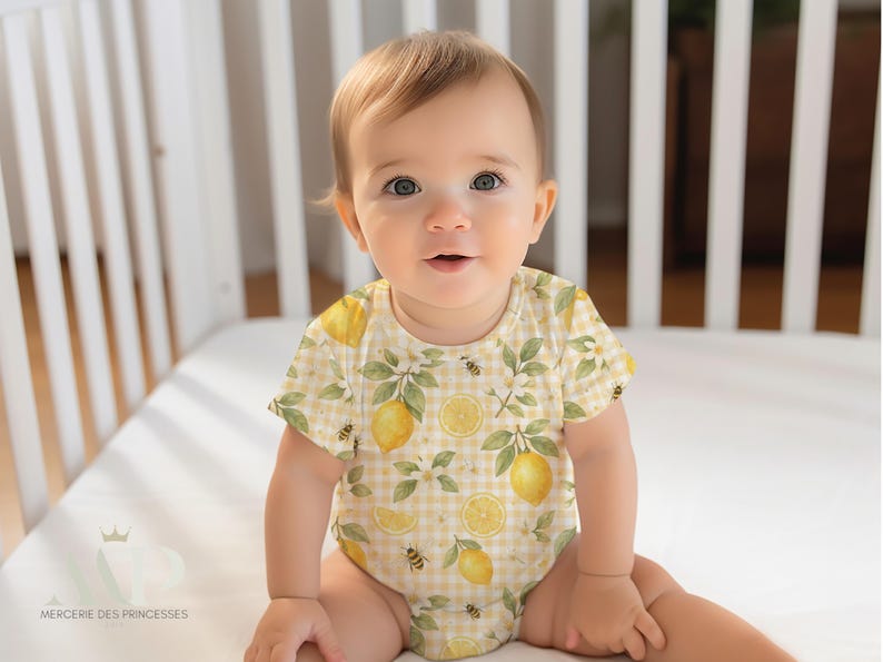 May include: A baby wearing a yellow and white bodysuit with a lemon and bee print. The bodysuit has a gingham pattern and features watercolor illustrations of lemons, leaves, and bees.