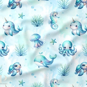 Fabric by the meter Ocean Baby Turtle, Whale, octopus, jellyfish, narwhal, Oeko-Tex certified - La Mercerie des Princesses - 11 materials available