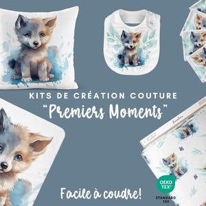 Kits de Création DIY "Louveteau Bleu" – À coudre soi-même : Couverture, Coussin, Bavoirs, lingettes Accessoires Coton ou Eponge Oeko-Tex