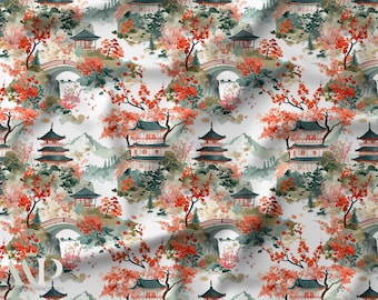 Japanese Pagoda Fabric, Tissu Japon Pagode,Japanese Landscape Fabric, Floral Watercolor Fabric,Oeko Tex Cotton, Asian Fabric, Scenic Fabric