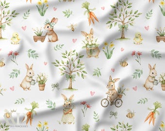 Bunny Garden Fabric, Tissu Jardin Lapin, Rabbit Nursery Fabric, Aquarelle Douce, Oeko Tex Cotton, Kids Fabric, Baby Sewing Fabric