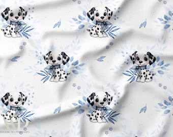 Dalmatian Fabric, Tissu Dalmatien, Puppy Fabric, Dog Print Fabric, Blue Watercolor Fabric, Oeko Tex Cotton, Baby Nursery Fabric