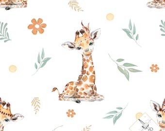 Stoff am laufenden Meter Giraffe mit Federn, Öko-Tex-zertifiziert – Kreation für Kinder – La Mercerie des Princesses – Baumwolle, Jersey, French Terry, wasserdicht