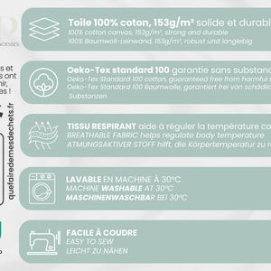 May include: A white label with blue text describing the features of a fabric. The fabric is 100% cotton, 153 grams per square meter, and is strong and durable. The label also states that the fabric is Oeko-Tex Standard 100 certified, breathable, machine washable at 30 degrees Celsius, and easy to sew.