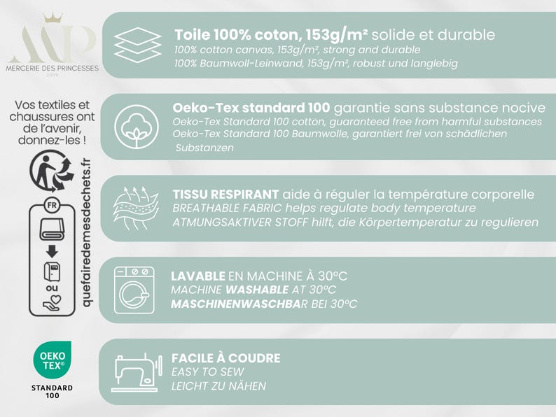 May include: A white label with blue text describing the features of a fabric. The fabric is 100% cotton, 153 grams per square meter, and is strong and durable. The label also states that the fabric is Oeko-Tex Standard 100 certified, breathable, machine washable at 30 degrees Celsius, and easy to sew.
