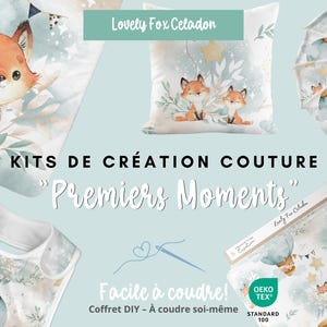 Kit creazione fai da te “Lovely Fox Celadon” – Da cucire da soli: Coperta, Tappetino, Bavaglini, Salviette e Accessori in tessuto di cotone Oeko-Tex