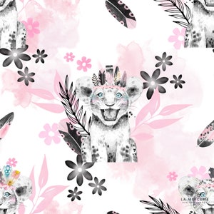 Pre-order - Pink & black Savannah fabric 100% premium cotton Oeko-Tex g animals of the Savannah: Lion cub, Elephant