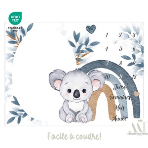 May include: A blue and brown rainbow growth chart with a koala bear, numbers 1-12, and the words "Jours, Semaines, Mois, Année". The chart is labeled "Facile à coudre!" and has a logo that says "Mercerie des Princesses".