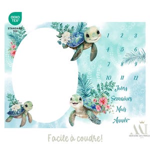 Könnte beinhalten: Ein blaues und grünes Baby-Wachstumsschema mit einem Schildkröten-Design. Die Tabelle enthält die Zahlen 1 bis 12 und die Wörter "Tage, Wochen, Monate, Jahr". Die Tabelle ist von einem Aquarell-Design mit Schildkröten, Blumen und Blättern umgeben.