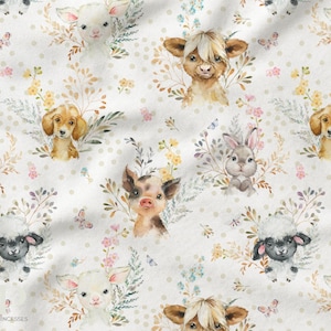 Tessuto al metro con animali da fattoria certificato Oeko-Tex - Motivi carini e colorati - Cotone, Jersey, French Terry, Impermeabile