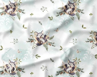 Husky Hammock Watercolor Fabric – Dog in a Soft Hammock Design for Children's Sewing