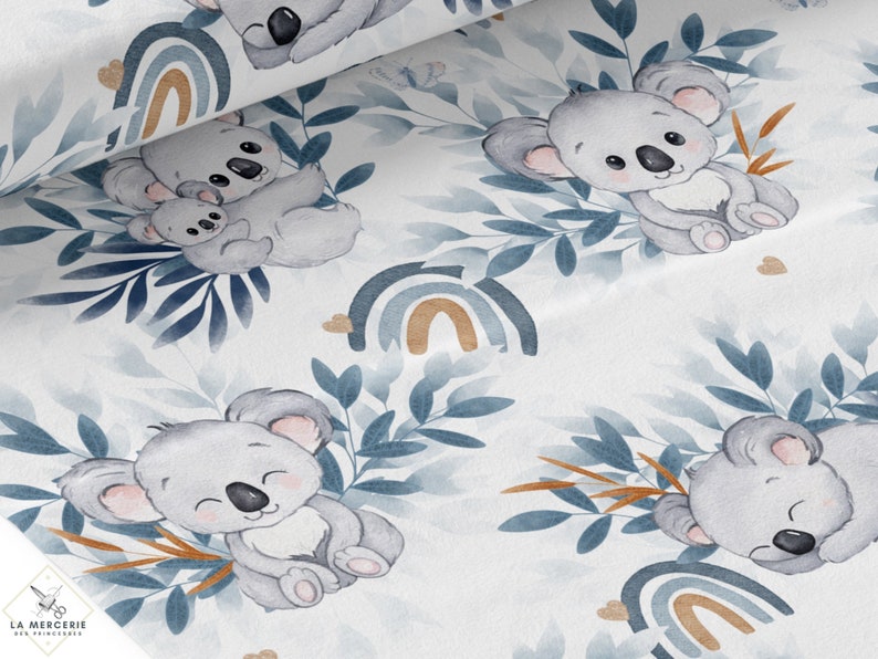 Tissu Coton Koala Bleu de la Mercerie des Princesses Idéal pour une Création mixte Enfant et Bébé thème Koala Bleu et arc en ciel image 1