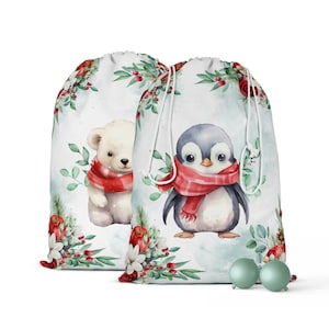 Panneaux pour création d'un Pochon de Noël Pingouin et Ours Polaire  100% coton premium Oeko-Tex