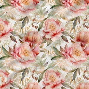 Tessuto al metro Floral Peonies Boho Peach Large Watercolor Flowers, Floral Coral Oeko-Tex® - Cotone | Maglia | Panino con ripieno francese | Impermeabile