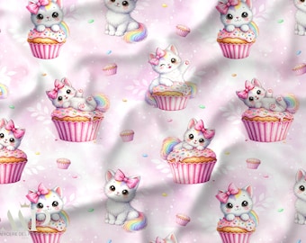 Cat Cupcake Fabric, Cat Cupcake Fabric, Kitten Nursery Fabric, Watercolor Rainbow, Oeko Tex Cotton, Kids Fabric, Baby Sewing Fabric