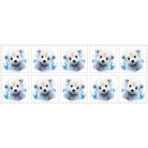 Pode incluir: Uma colagem digital de nove ilustrações de aquarela de um filhote de urso polar branco com respingos de aquarela azul no fundo.