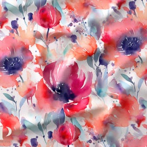Tessuto al metro Fiori rossi acquerello Certificato Oeko-Tex - Creation La Mercerie des Princesses - Cotone, Jersey, French Terry, Impermeabile