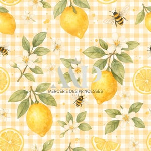 May include: A seamless pattern featuring yellow lemons, white flowers, and bees on a yellow and white gingham background. The text "Mercerie des Princesses 2011" is in the center of the pattern.