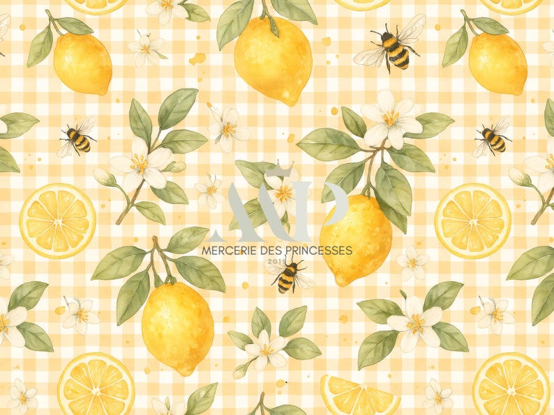May include: A seamless pattern featuring yellow lemons, white flowers, and bees on a yellow and white gingham background. The text "Mercerie des Princesses 2011" is in the center of the pattern.