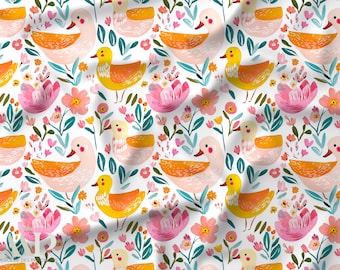 Duck Floral Fabric, Tissu Canards Fleurs, Duck Nursery Fabric, Aquarelle Colorée, Oeko Tex Cotton, Kids Fabric, Baby Sewing Fabric