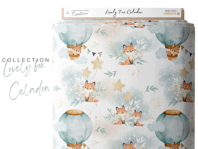 Fabric by the meter Lovely Fox Celadon Certified Oeko-Tex Children's creation La Mercerie des Princesses Cotton, Jersey, French Terry, Waterproof image 2