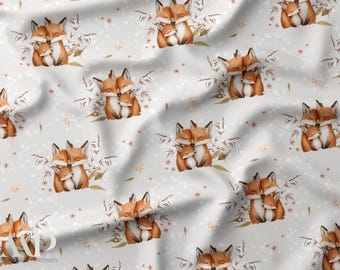 Fox Family Fabric, Tissu Famille Renard, Fox Nursery Fabric, Aquarelle Nature Douce, Oeko Tex Cotton, Kids Fabric, Baby Sewing Fabric