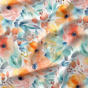 Tessuto al metro Fiori Arancioni Acquerello Certificato Oeko-Tex - Creation La Mercerie des Princesses - Cotone, Jersey, French Terry, Impermeabile