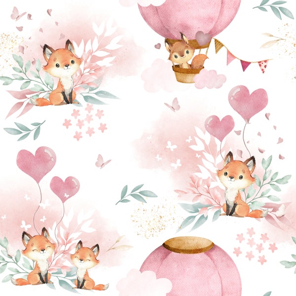 Tissu Lovely Fox Rose 100% coton premium Oeko-Tex 132g animaux, renard, écureuil, montgolfière